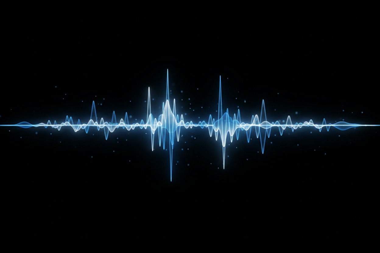 Eine blaue und weiße Audio-Wellenform verläuft horizontal vor einem schwarzen Hintergrund.